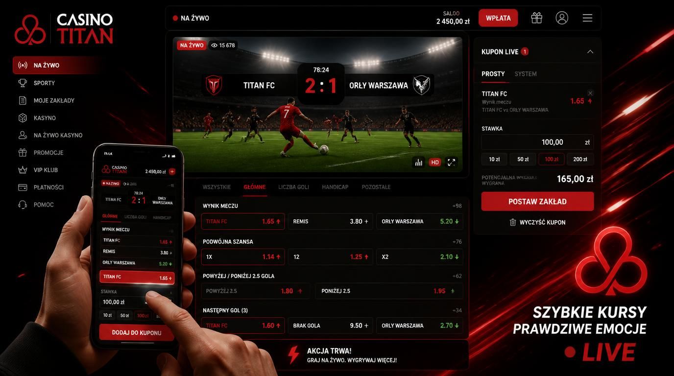 ekran zakładów live z Titan Casino, dynamiczne kursy, kupon na telefonie
