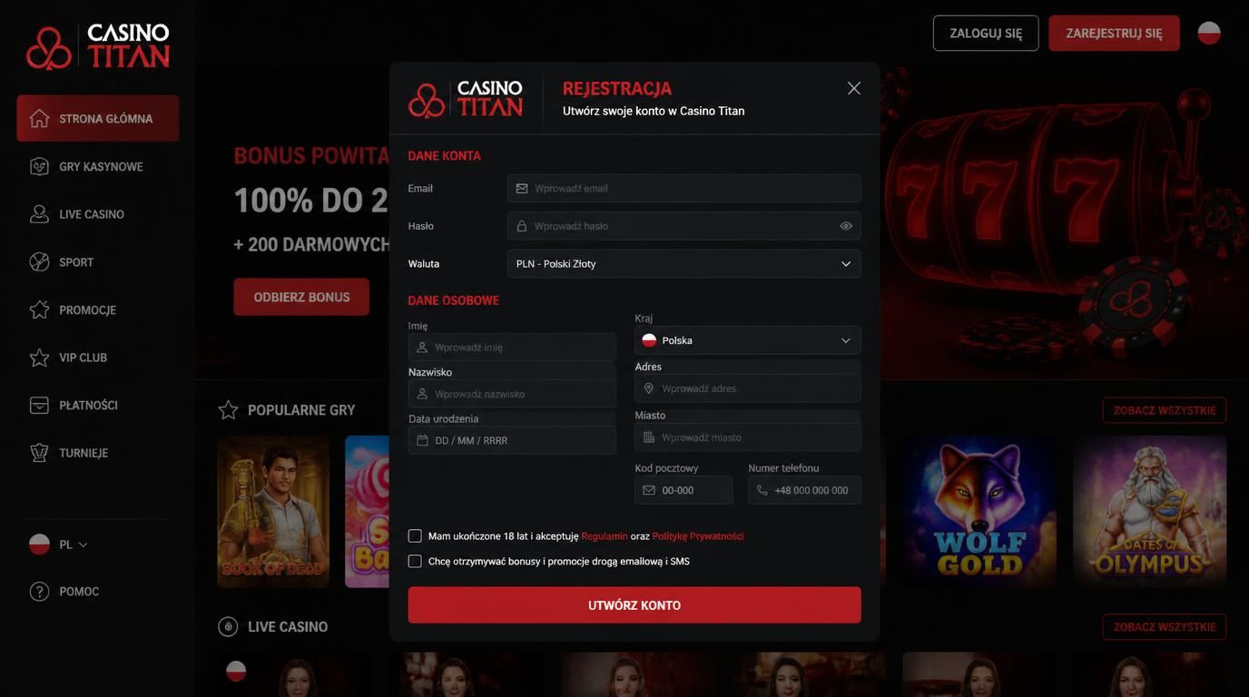 Formularz rejestracyjny Titan Casino z Polski, widoczne pola osobowe